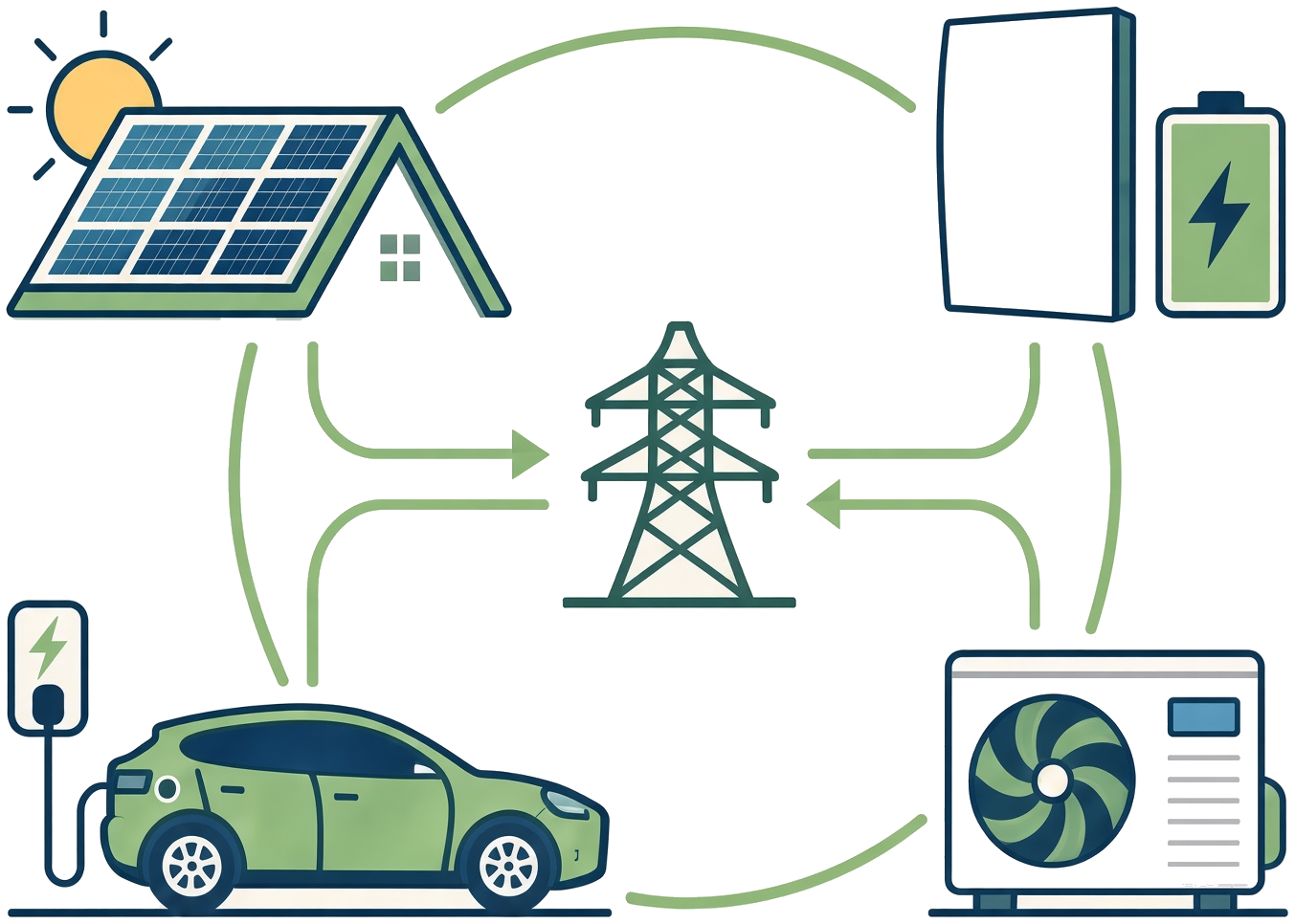 Solar, home battery, EV charging, and air conditioning connected around the grid