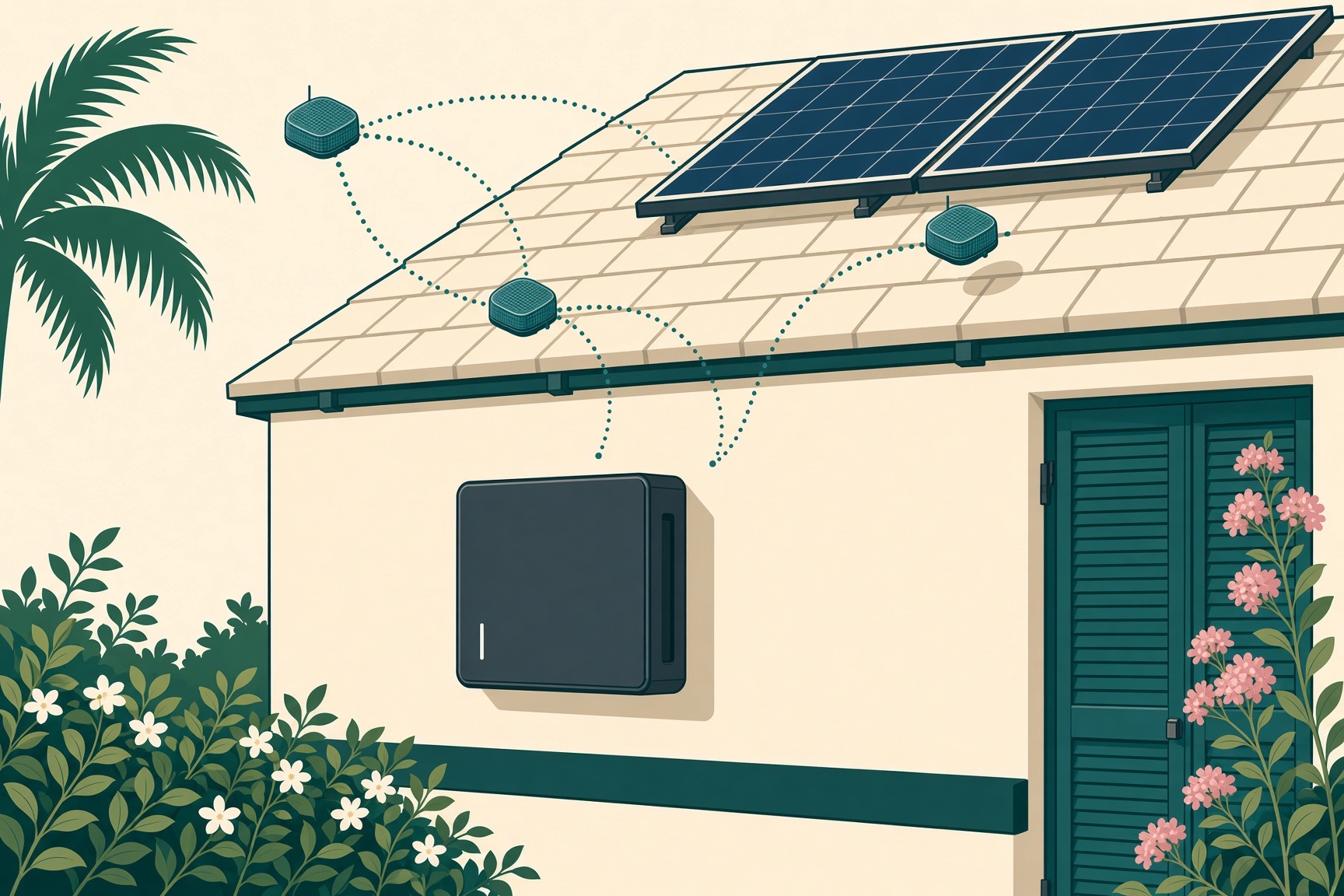 Home battery on a Bermuda cottage wall with solar panels and mesh nodes above
